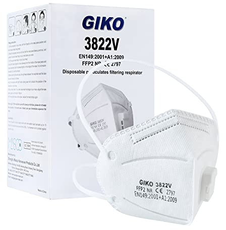 GIKO FFP2 Maske mit Ventil 20 stück weiß FFP2 Masken FFP2 Atemschutzmaske 5 Schutzschichten Schutz FFP 2 Kopfband Staubmaske