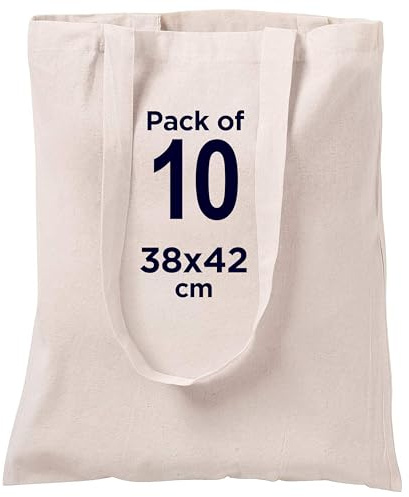 CENTRIX 100% natürlicher Baumwolle Einkaufstaschen 10er Pack, 15 x 16 Zoll, 5,5 Unzen Baumwolle Canvas Einkaufstasche- umweltfreundlich super stark waschbar mit 27 Zoll langem Griff
