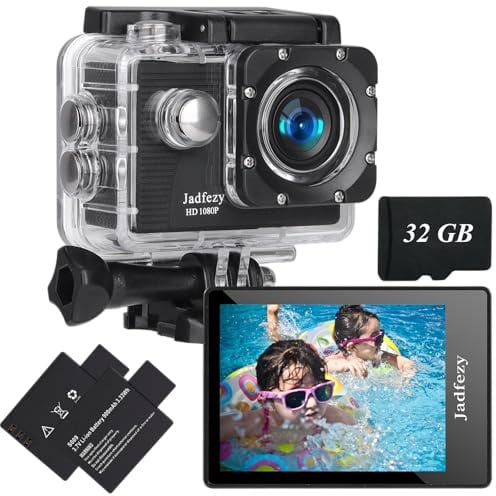 Jadfezy Action Cam FHD 1080P mit 32GB Karte, Unterwasserkamera wasserdicht bis 30M, 140 Grad Weitwinkel Action Kamera mit Zwei 900 mAh wiederaufladbare Akkus und Zubehör-Set