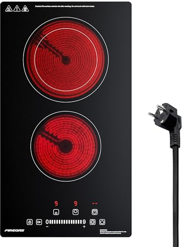 FIREGAS Glaskeramikkochfeld 2 Platten mit stecker, Glaskeramik, Touch | 3400W, Kindersicherung, Timer 1-99 Min, 9 Leistungsstufen, Sensor-Touch-Steuerung, für alle Töpfe