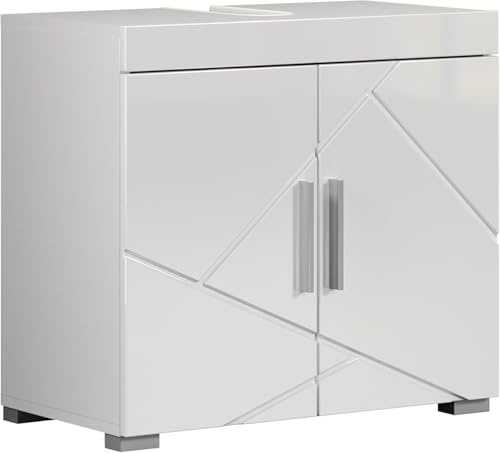 trendteam smart living Amanda Waschbeckenunterschrank Weiß/Weiß Hochglanz Unterschrank für das Badezimmer mit 2 Türen und 1 Einlegeboden 60 x 56 x 34 cm Moderner Stil