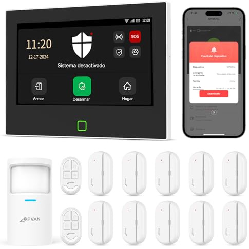 CPVAN GSM + WiFi Alarmanlage Haus mit 7 Touch Screen, Kein Vertrag Smart Komplettsysteme mit APP/SMS/Telefonanruf Alarm, 110dB Host, Bewegungsmelder, Tür/Fenster Sensoren, Fernbedienungen, 14 Stück