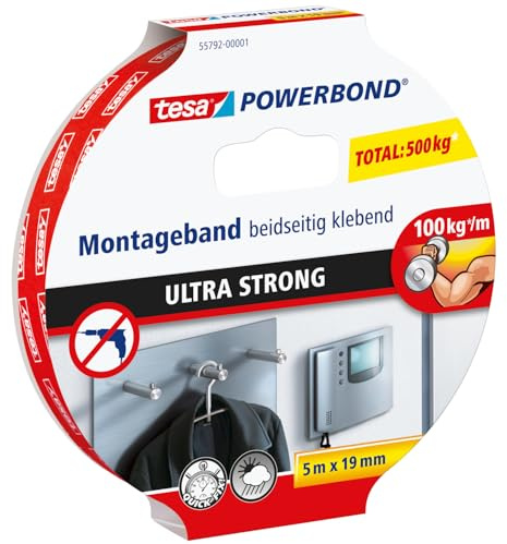 tesa Powerbond ultra strong Montageband - doppelseitiges, extra starkes Klebeband zur permanenten Befestigung im Außen- und Innenbereich - 5 m