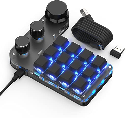 BRIMFORD Mechanische Mini Makro Tastatur - Kabellos, Programmierbar, Hot-Swap Gaming Keyboard mit RGB Beleuchtung, 2.4G & BT für Gamer, Programmierer, Büro (Schwarz, 12 Tasten/3 Knöpfe)
