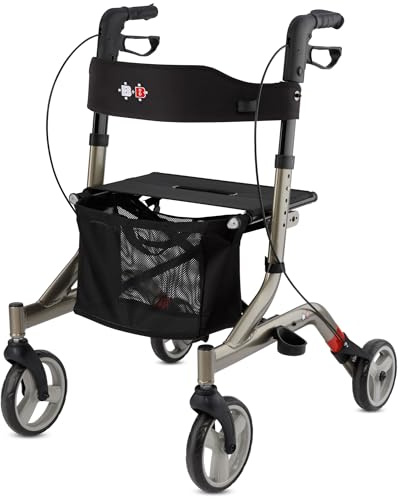 Bischoff & Bischoff Capero Rollator, faltbar – Leichtgewicht-Rollator für drinnen und draußen, Gehwagen mit Rücken-Gurt, Stockhalter und abnehmbarer Netz-Tasche, Platin