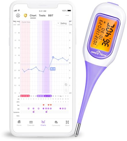 Easy@Home Basalthermometer Fruchtbarkeitsthermometer Bluetooth zur Zykluskontrolle/Kinderwunsch mit Premom APP, Thermometer mit Auto BBT Sync, Oranger Hintergrundbeleuchtung LCD-Anzeige, lila