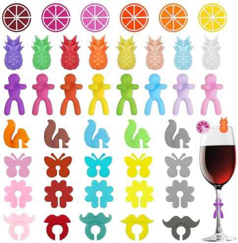 Furuising 42 Stück Glasmarkierer, Glas Markierung Trinkgläser | Glasmarker Silikon, Wein Marker, Weinglasmarkierer, Wiederverwendbar Trinkgläser für Weinglas, Tassen