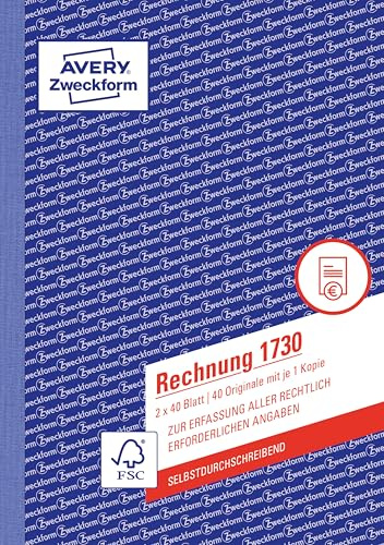 AVERY Zweckform 1730 Rechnung (A5, 2x40 Blatt, selbstdurchschreibend mit farbigem Durchschlag, mit Netto- und Bruttobetrag, MwSt. uvm., zur Erfassung aller rechtlich erforderlichen Angaben) weiß/gelb