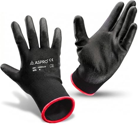 ASPRO Arbeitshandschuhe - Gartenhandschuhe - Schwarze Nylon-Handschuhe mit PU-Beschichtung für Bauarbeiter, Gärtner, Mechaniker, Bauarbeiter, Lagerarbeiter etc. (11 (XXL) x 10)