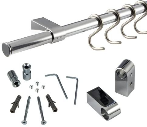 Gedotec Design Küchenreling Wand-Relingsystem Küche | Edelstahl-Optik | Reling-Set Länge: 1200 mm | Reling-System mit 5 S-Haken mit Befestigungsmaterial | 1 Komplett-Set - Küchenleiste aus Metall