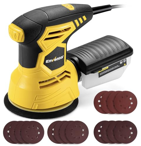 Enventor Exzenterschleifer, 300 W, 125 mm, 6 Geschwindigkeitsstufen | 6000–13000 U/min,Integrierter Staubbehälter,vibrationsreduziertes Design,16 Schleifpapiere in 4 Körnungen für Holz