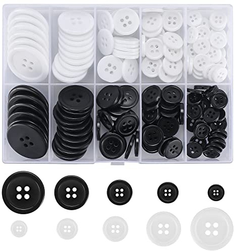 160 Stück Schwarze Weiße Hemdknöpfe, 4 Löcher Knöpfe Rund zum Nähen, Basteln Harz Knöpfe für Nadeln Stricken Handwerk - 10mm, 13mm, 15mm, 20mm, 25 mm﻿﻿