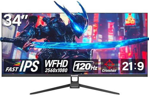 Gawfolk UltraWide Monitor 34 Zoll IPS, Gaming PC Bildschirm 120Hz DFHD(2560×1080P), 21:9 Rahmenloses Computerbildschirm mit FreeSync, HDMI, DisplayPort, VESA 75 * 75mm, Schwarz