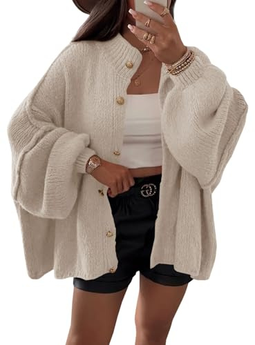 Saodimallsu Strickjacke Damen Kurz Laternenärmel Cardigan Winter | Knopfleiste, Open Front Sweater, Langarm, Lose, Strickmantel, Herbst, Gestrickt, Jacke