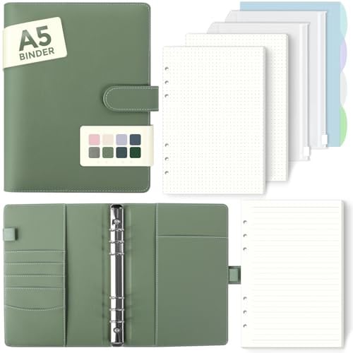 SKYDUE A5 Ringbuch, Ringbuch A5 Nachfüllbar,135 Blätter Nachfüllpapier, Notizbuch Mit Bindertaschen, a5 Binder Für Schulnotizen Und Reisetagebücher (Olivgrün)