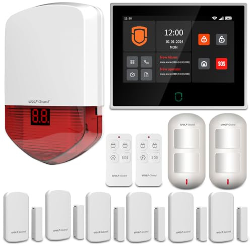 Wolf Guard WT4F-01A 4G + WiFi Alarmanlage Haus 7 Touchscreen, Tuya Smart Komplettsysteme mit APP/SMS/Telefonanruf Alarm, 110dB Außensirene, Bewegungsmelder, Tür/Fenster Sensoren, Fernbedienungen