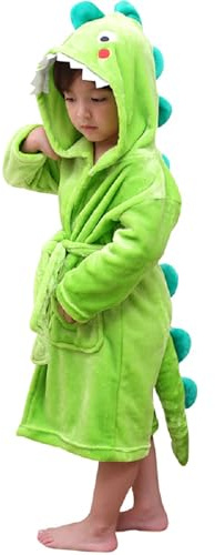 LOLANTA Kinder Fleece Bademantel Dinosaurier Plüsch Kapuzenbademantel, Grüner Dinosaurier, L (6-8 Jahre)