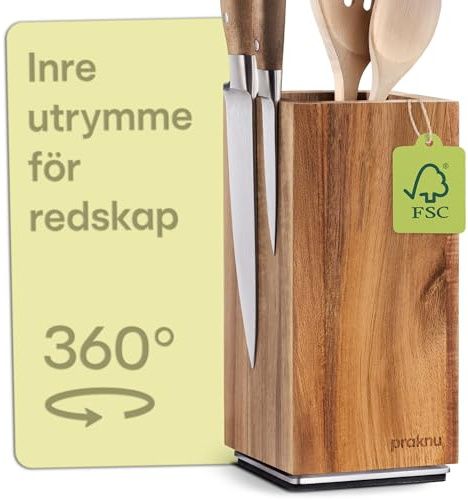 Praknu Messerblock Ohne Messer Holz – Messerhalter Magnetisch & Drehbar | Beidseitiger Magnet, Stauraum für Küchenhelfer, rutschfest, FSC®-Akazienholz, leer, Messerständer, Knife Holder Block, 22 cm