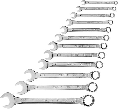 Mannesmann Brüder Gabel-Ringschlüsselsatz 12-tlg., Chrom-Vanadium-Stahl, korrosionsbeständig, Profi-Qualität, entspricht DIN 3113, ideal für Autoschrauben und Werkstatt, 6-22 mm | M 130-12DIN