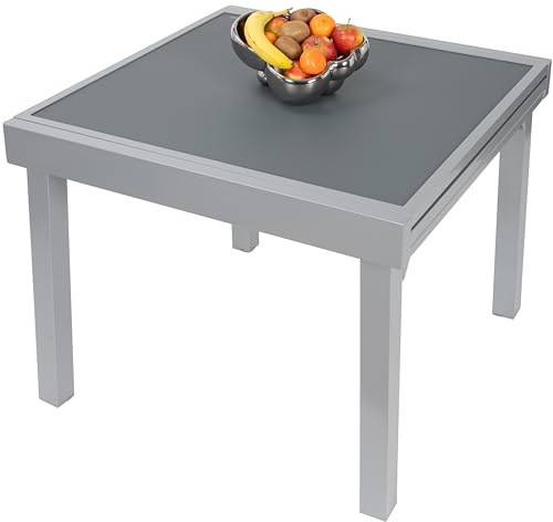 ib style Gartentisch Diplomat, Outdoor Ausziehtisch, Aluminium Esstisch, Balkonmöbel, Gartenmöbel, Tischplatte aus Sicherheits Glas, Ausziehbar, 90-180 cm, Silber Anti Fingerprint