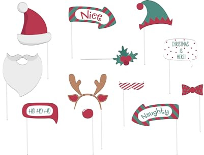 Folat 63779 Photobooth Zubehör - Holly Jolly - 12 Stück Weihnachtsfarben - Weihnachtsaccessoire, Fotorequisiten, Brillen Weihnachten, Xmas Party Photo Supplies
