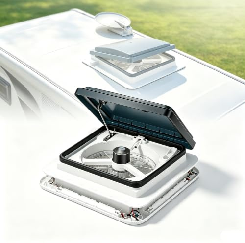 BAOCHADA 28x28cm Dachluke Wohnwagen, Dachklimaanlage 12V mit LED-Licht & Abluftventilator, Wohnmobilventilatoren Dachhaube Geräuscharmer, Klimaanlage Wohnmobil vor UV Strahlen