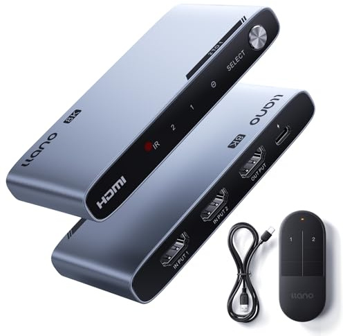 llano HDMI 2.1 Switch 8K@60Hz 2 in 1 Out, Unterstützt 48Gbit/s, 4K@120Hz/240Hz, HDR10+,Dolby Atmos, CEC, Aluminiumlegierung Switch mit IR Fernbedienung für Apple TV/PS5/Xbox/Roku/Fire Stick usw.