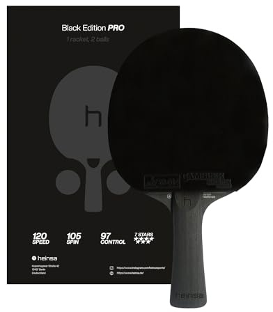 HEINSA Black Edition PRO Carbon Tischtennisschläger Profi – ITTF-zugelassen, Mech-Tek Predator 2,1 mm Belag, 172 g leicht, Carbon-Doppellage, konkaver Griff für Spin, Speed & Kontrolle, inkl. 2 Bälle