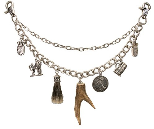 Heimatflüstern Charivari Herren mit echtem Hirschhorn - massive Trachtenkette mit Trophäen-Anhängern Münze, Wappen, Schariwari für die Lederhose zum Oktoberfest, Trachtenschmuck (antik-silber-farben)