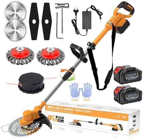 Rasentrimmer mit Akku, 4 in 1 Rasentrimmer mit Unkrautbürste 21V Bürstenloser Freischneider Akku, Teleskop, Verstellbarer, für Garden Trimmen, Orange