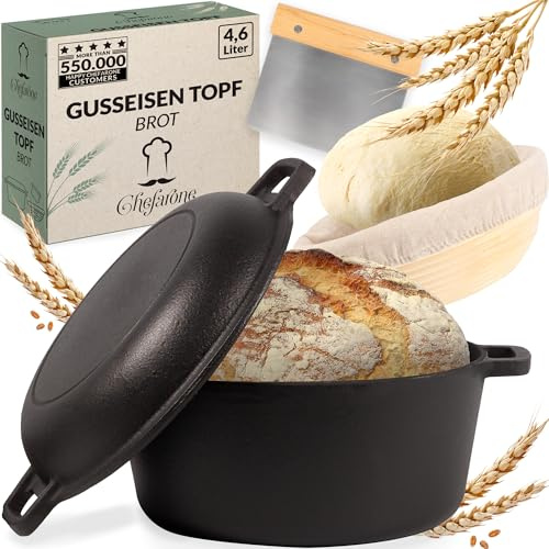 Chefarone Gusseisen Topf 26 cm 4,6 l mit Gärkorb und Teigschaber – Brotbacktopf mit Deckel, Induktion & Backofen geeignet – Vielseitiger Bräter zum Backen, Schmoren, Braten, Kochen