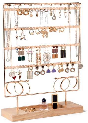 Lolalet 6 Tier Schmuckständer Ohrringhalter, 208 Löcher Ohrring Ständer Doppelseitiger Kettenhalter Ketten Display mit Holztablett, Schmuckhalter Aufbewahrung für Ohrhänger Halsketten Armbänder -Gold