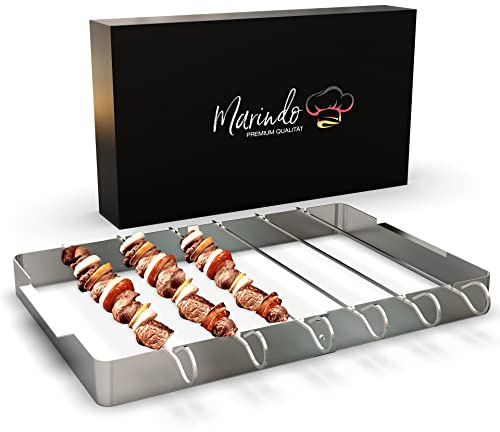Marindo BBQ Grill- und Schaschlikspieße Edelstahl 6er Set – 6 Grillspieße 31cm lang & Gestell | Grillspieße für Schaschlikgrill | Schaschlik Fleischspieße