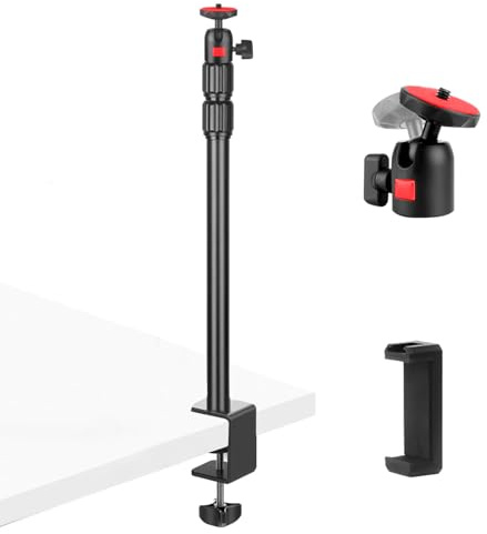 FSWWSF Kamera Tischstativ, Tischklemmen Kamerastativ, Lichtstativ, Multifunktional Klemmstativ mit Ringlichtadapter, 1/4'' Kugelkopf und Handyhalterung für Kamera/Ringlicht/Smartphone/Heimprojektor