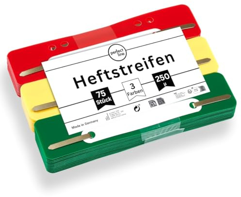 perfect line - 75 Heftstreifen (3x25 Stk.), recycelbarer Kunststoff, 3 Farben (Grün, Gelb, Rot), Made in Germany