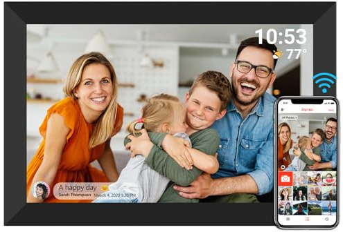 Digitaler Bilderrahmen WiFi 10,1 Zoll 1280x800 IPS LCD Touchscreen, Eingebauter 32GB Speicher Auto-Rotat, Teilen Sie Momente sofort über Frameo App von überall, Schwarz