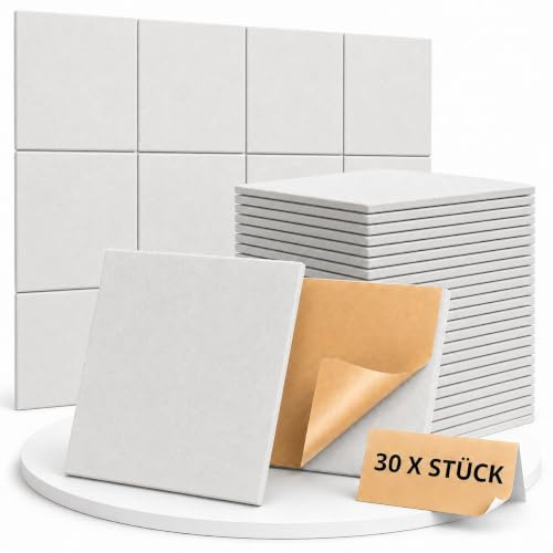 MatoSan® 30 Quadratische Akustikplatten Selbstklebend Schalldämmung Schallabsorber Wand Hohe Dichte für Wand Decken Holz & Tür Akustikpaneele Zimmer Dämmen gegen Lärm Lärmschutz Wand Weiß