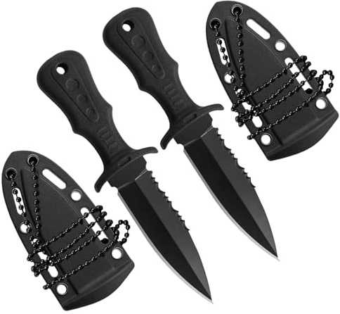 ZhongShuang 2Pcs Neck KnifeMesser Outdoor Ketten Messer Edelstahl mit Gezackt mit Kunststoffscheide und Kugelkette für den Einsatz im Freien Selbstverteidigung