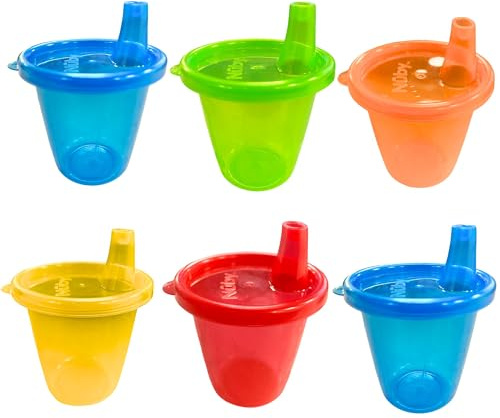 Nuby Becher mit Deckel für Kinder, 6er-Pack, 210 ml, mehrfarbig | Trinkbecher mit hartem Freifluss-Schnabel & auslaufarmem Deckel, robust & leicht zu reinigen – für Heiß- & Kaltgetränke