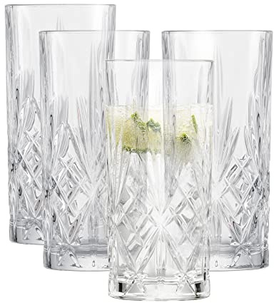 SCHOTT ZWIESEL Longdrinkglas Show (4er-Set), anmutiges Trinkglas für Longdrinks mit Relieff, spülmaschinenfeste Kristallgläser (Art.-Nr. 121878), Kristall