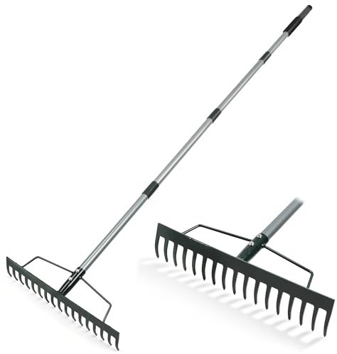 ORIENTOOLS Gartenrechen, schwere Ausführung, 44 cm Breite, 160 cm Stiellänge, 1,7 kg für Boden lockern, Laub rechen, Verlegen von Rollrasen, Rasenpflege, Grün