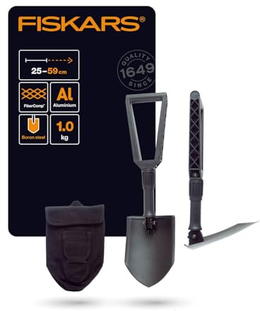 Fiskars Klappspaten für Camper und Bergsteiger, Auch als Schaufel und Hacke einsetzbar, Mit Canvas-Tasche, Länge (ausgeklappt): 59 cm, Gehärteter Borstahl, Schwarz, 1000621