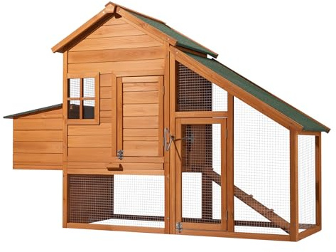 Wiltec Hühnerstall 1720 x 660 x 1200 mm braun mit Freilauf und Nistkasten aus Fichtenholz, Hühnerhaus mit Unterschlupf, Gitter und Kotwanne verzinkt
