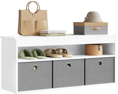WOLTU Sitzbank mit Sitzfläche, Schuhbank mit Stauraum | Mit 3 Stoffschubladen, offenem Fach, für Flur Schlafzimmer, 102x45x30 cm, Holzwerkstoff, Weiß