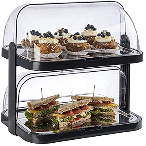 APS 9204 Buffetvitrine „Doppeldecker“ – 2 beidseitig aufklappbare, transparente Rolltophauben, 2 Edelstahl-Tabletts, 4 Kühl-Akkus, platzsparend lagerbar – Made in Germany, Schwarz