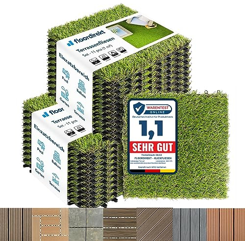 Floordirekt Rasen Klickfliesen 30x30 cm, 2m² = 22 Terrassenfliesen, Balkonfliesen - Bodenbelag für Balkon & Terrasse - wetterfest mit Drainagefunktion | Grass