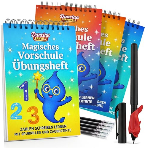 Magische Vorschule Übungshefte ab 5 für Jungen und Mädchen – Spielerisch Buchstaben, Wörter & Zahlen Schreiben Lernen mit Zaubertinte & Spurrillen - 4 Vorschulhefte mit Stift