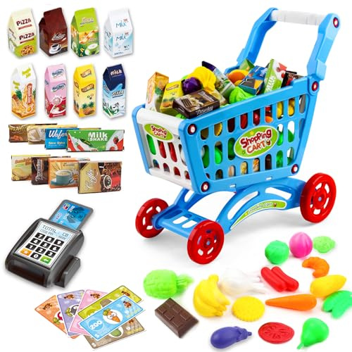 deAO Kinder Einkaufswagen Spielset Gefüllt mit 65 Kuststofflebensmitteln Spielzeug für Jungen und Mädchen (Blau)