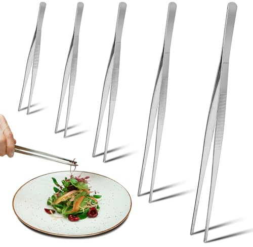 5 Stück Küchenpinzette Edelstahl, 12,5cm 16cm 20cm 25cm 30cm, Kochpinzette für Küche, Lange Pinzette für Grillen, Kochen, Fleischzange und Grillpinzette, Professionelle Kochpinzette Edelstahl
