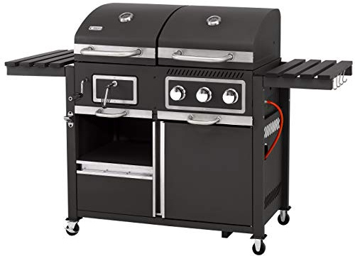 tepro Gas Kohle Kombigrill Toronto, Grillwagen mit Holzkohle- und Gasgrill-Modus, 3 Brenner mit je ca. 2,9 kW Leistung, Piezozündung, Thermometer, Maße ca. 173 x 65 x 116,5 cm, Schwarz